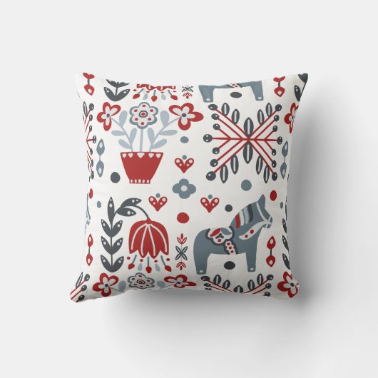 灰色と赤の北欧ポニーと花のパターン クッション (裏面)