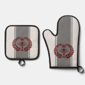 灰色と赤王室の蜂ストライプの 鍋つかみ&鍋敷きセット (正面)