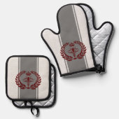 灰色と赤王室の蜂ストライプの 鍋つかみ&鍋敷きセット (正面/裏面)