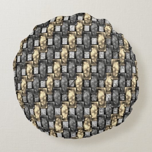 灰色と金色の染み、長方形の破片を彫った ラウンドクッション (裏面)