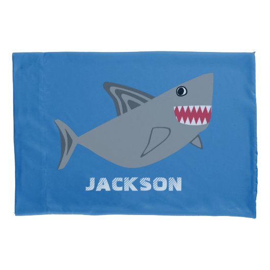 灰色と青のサメのキッズフィッパーソナライズされたク 枕カバー (正面)