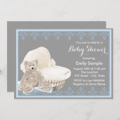 灰色と青のテディベア赤ちゃんシャワー 招待状 (正面/裏面)