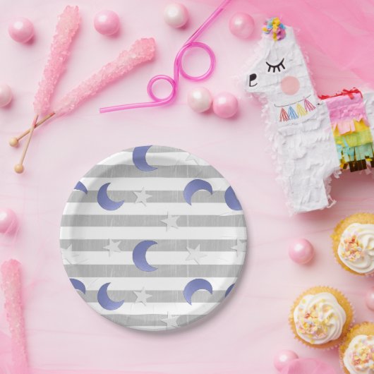 灰色と青の月と星の赤ちゃんシャワー ペーパープレート (パーティー)