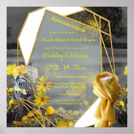 灰色と黄色のチューリップ、夕日のあるデイジー ポスター (正面)