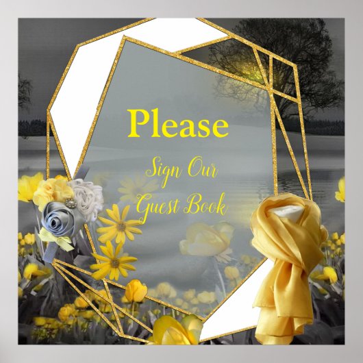 灰色と黄色のチューリップ、夕日のあるデイジー ポスター (正面)