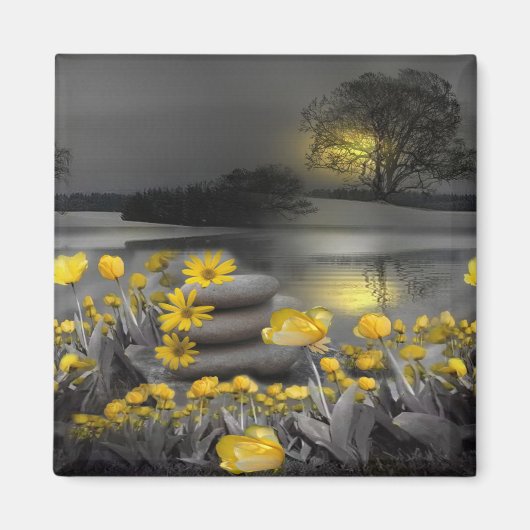 灰色と黄色のチューリップ、夕日のあるデイジー マグネット (正面)