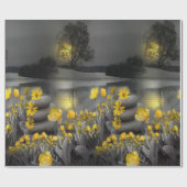 灰色と黄色のチューリップ、夕日のあるデイジー ラッピングペーパー (フラット)