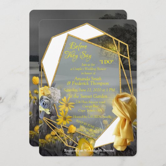 灰色と黄色のチューリップ、夕日のあるデイジー 招待状 (正面/裏面)