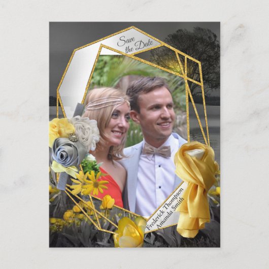 灰色と黄色のチューリップ、夕日のあるデイジー 案内ポストカード (正面)