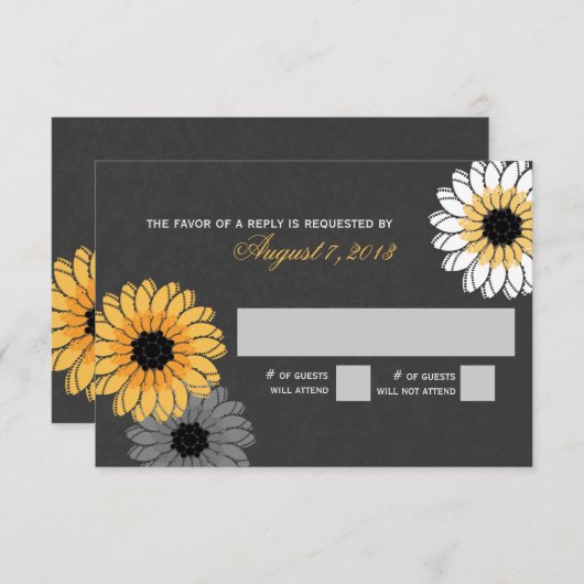 灰色と黄色の石板と花の反応 出欠カード (正面/裏面)