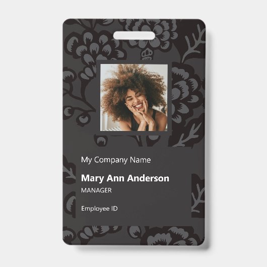 灰色と黒と鮮やか花はっきりした柄 バッジ (表面)