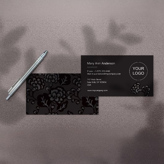 灰色と黒と鮮やか花はっきりした柄 名刺