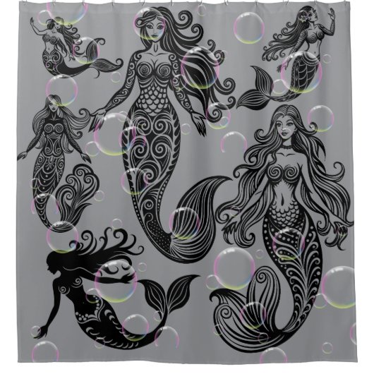 灰色と黒の人魚シャワーカーテン シャワーカーテン (正面)