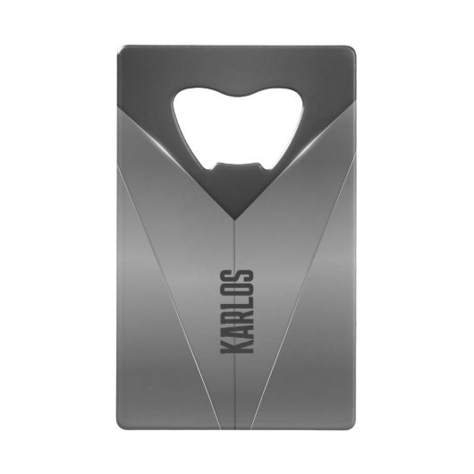 灰色と黒の幾何学的な金属デザイン クレジットカード栓抜き (裏面)