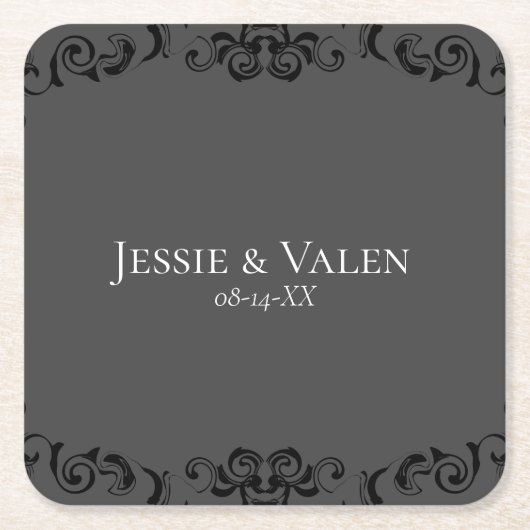 灰色と黒の渦巻きゴシッ結婚クス スクエアペーパーコースター (正面)