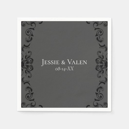 灰色と黒の渦巻きゴシッ結婚クス スタンダードカクテルナプキン (正面)