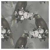 灰色に冠をかぶった黒鳥と白い花 ファブリック (クローズアップ)