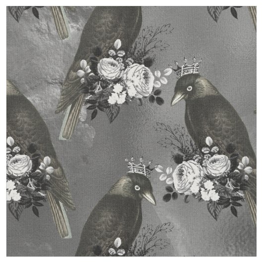 灰色に冠をかぶった黒鳥と白い花 ファブリック (クローズアップ)