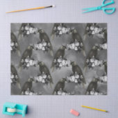 灰色に冠をかぶった黒鳥と白い花 薄葉紙 (クラフト)