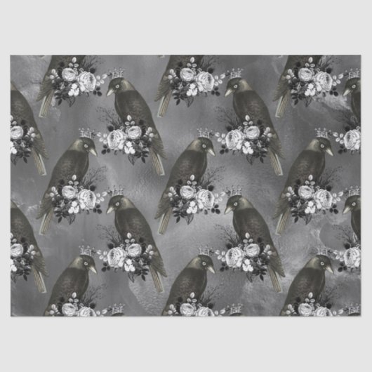 灰色に冠をかぶった黒鳥と白い花 薄葉紙 (正面)