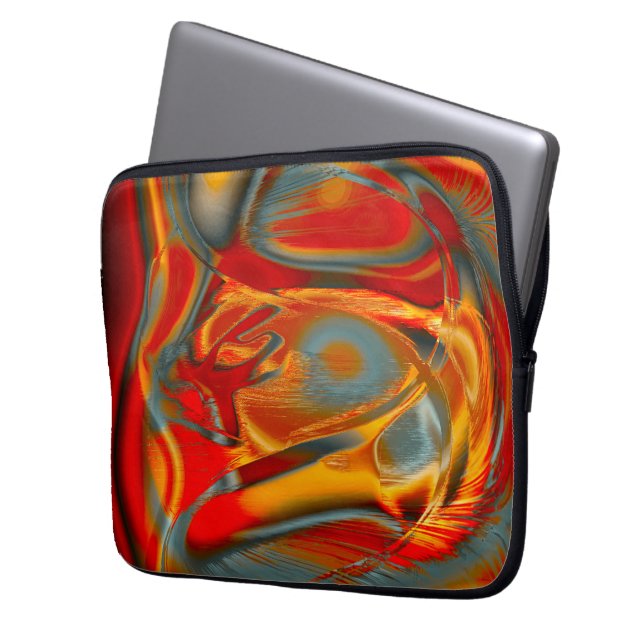 灰色に引っ掻いたオレンジ色から赤の曲線状のステイン ラップトップスリーブ (正面左)