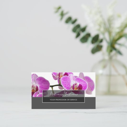灰色に美しい紫のピンクの蘭 名刺 (スタンド正面)