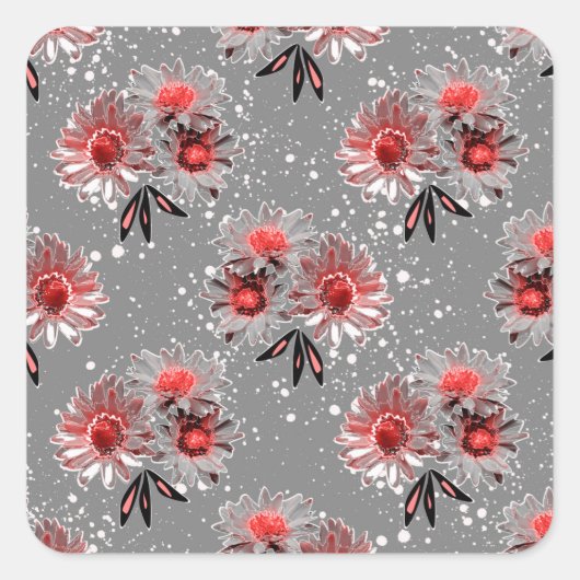 灰色に赤い花 スクエアシール (正面)