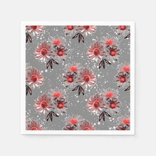 灰色に赤い花 スタンダードカクテルナプキン (正面)
