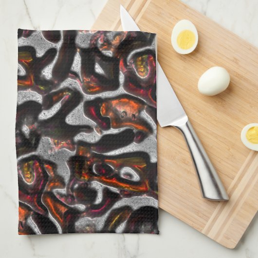 灰色に風変わり刻まれたサンゴの組織に赤く染まった キッチンタオル (四つ折り)