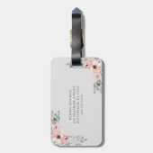 灰色のかわいらしいピンクの水彩画の花柄そしてモノグラム ラゲッジタグ (裏面縦)