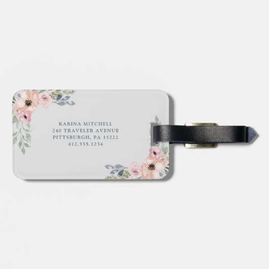 灰色のかわいらしいピンクの水彩画の花柄そしてモノグラム ラゲッジタグ (裏面横)