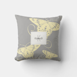 灰色のかわいらしパターンに蝶の黄色 クッション