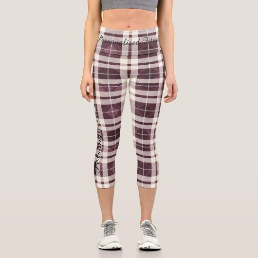 灰色のアクセントを持つブルゴーニュと白の格子模様 カプリレギンス (正面)