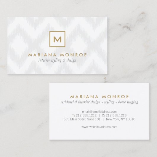 灰色のイカットにイニシャル/モノグラムを付けたボックスのロゴ 名刺 (正面/裏面)