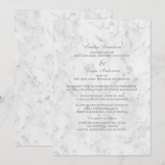 灰色のエレガントな大理石の結婚式の招待 招待状 (正面/裏面)