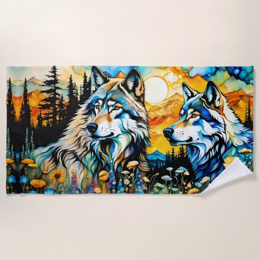 灰色のオオカミとヤナギ ビーチタオル (正面)