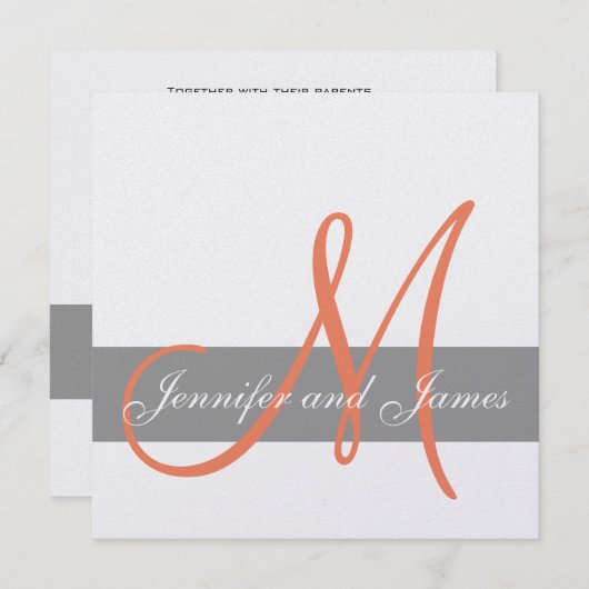 灰色のオレンジ結婚式招待状|のモノグラムの名前 招待状 (正面/裏面)
