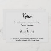 灰色のカードに結婚は「通知」が延期 招待状 (正面/裏面)