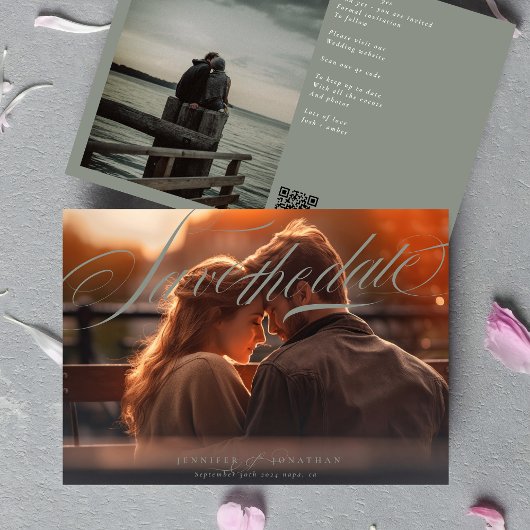 灰色のクラシック緑エレガントのQRコード結婚写真 セーブザデート
