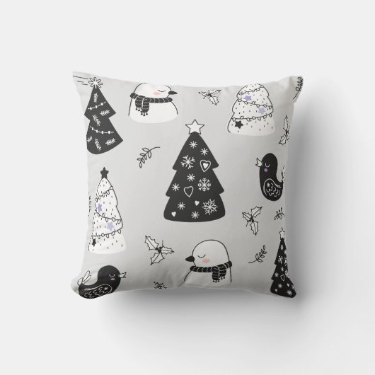 灰色のクリスマスツリーと鳥を作成 クッション (正面)