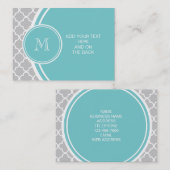 灰色のクローバーパターン、ティール(緑がかった色)のモノグラム 名刺 (正面/裏面)