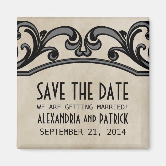 灰色のゴシック様式の渦巻き形日付磁石を保存 マグネット (正面)