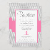 灰色のシェブロンのピンクの十字の女の子の洗礼の《キリスト教》洗礼式や命名式 招待状 (正面/裏面)