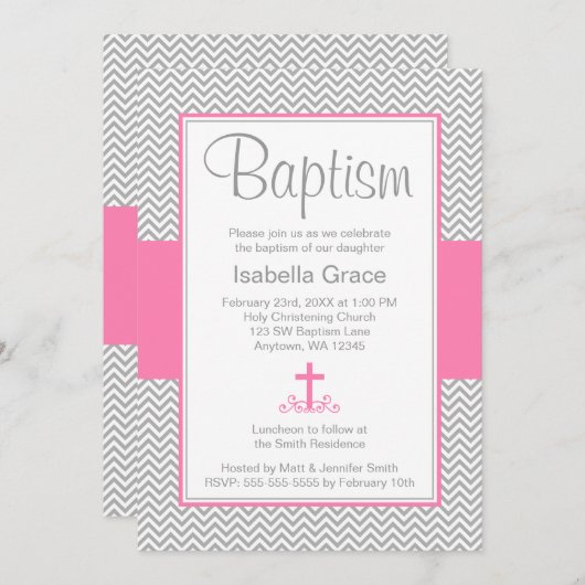 灰色のシェブロンのピンクの十字の女の子の洗礼の《キリスト教》洗礼式や命名式 招待状 (正面/裏面)