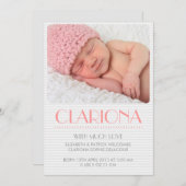 灰色のシェブロンパターンピンクの写真の誕生の発表 案内状 (正面/裏面)