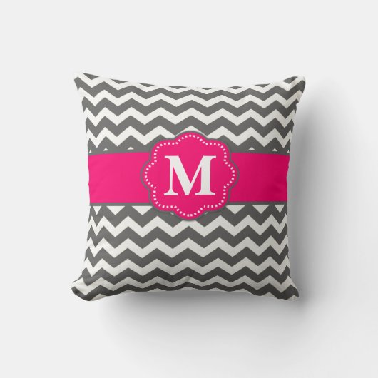 灰色のショッキングピンクのシェブロンのモノグラムの枕 クッション (正面)
