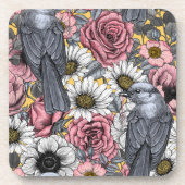 灰色のジェイと花 コースター (正面)