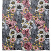 灰色のジェイと花 シャワーカーテン (正面)