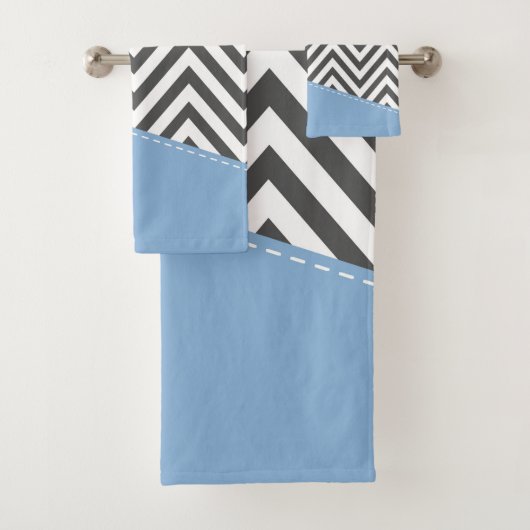 灰色のジグザグ、灰色のシェブロン、ジグザグのパターン、青 バスタオルセット (インサイチュ)