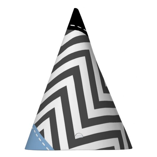 灰色のジグザグ、灰色のシェブロン、ジグザグのパターン、青 パーティーハット (右)